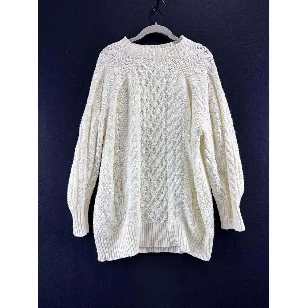 Anrabess XL Cable Knit Chunky Grandpa Sweater Ivory Lagenlook Womens